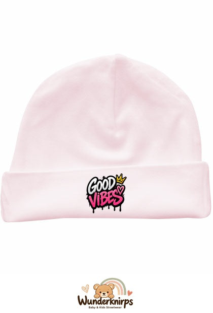 Umschlagmütze Rox-01 in Pastellrosa mit Motiv Good Vibes