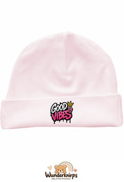Umschlagmütze Rox-01 in Pastellrosa mit Motiv Good Vibes