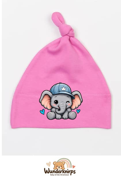 Knotenmütze Babybugz BZ15 in Bubblegum-Pink mit Motiv Elefant mit blauer Cap