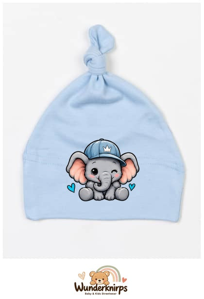 Knotenmütze Babybugz BZ15 in Staubblau mit Motiv Elefant mit blauer Cap