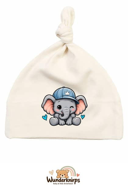 Knotenmütze Babybugz BZ15 in Natur mit Motiv Elefant mit blauer Cap