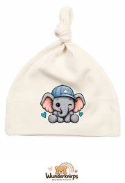 Knotenmütze Babybugz BZ15 in Natur mit Motiv Elefant mit blauer Cap