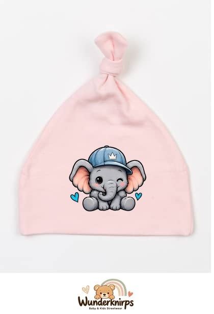 Knotenmütze Babybugz BZ15 in Pastellrosa mit Motiv Elefant mit blauer Cap