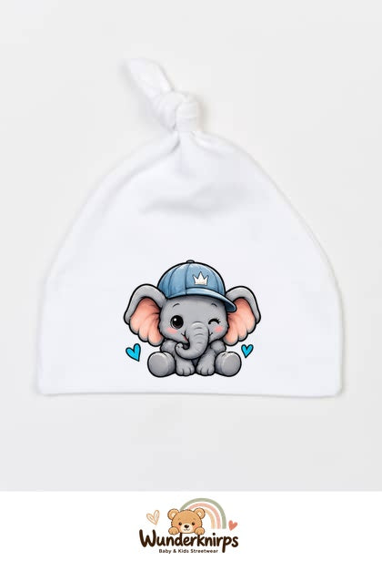 Knotenmütze Babybugz BZ15 in Weiß mit Motiv Elefant mit blauer Cap