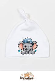 Knotenmütze Babybugz BZ15 in Weiß mit Motiv Elefant mit blauer Cap