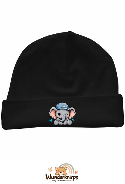 Umschlagmütze Rox-01 in Schwarz mit Motiv Elefant mit blauer Cap