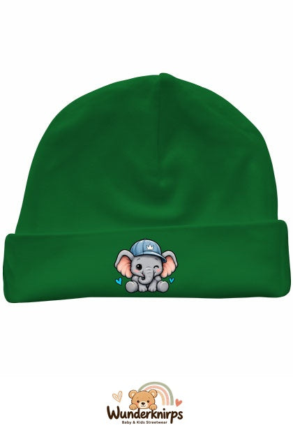 Umschlagmütze Rox-01 in Grün mit Motiv Elefant mit blauer Cap
