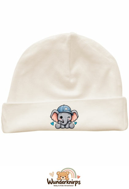 Umschlagmütze Rox-01 in Natur mit Motiv Elefant mit blauer Cap
