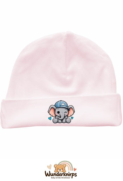 Umschlagmütze Rox-01 in Pastellrosa mit Motiv Elefant mit blauer Cap