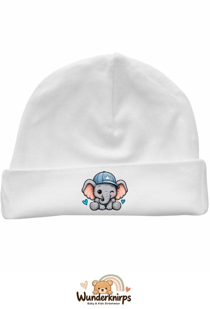 Umschlagmütze Rox-01 in Weiß mit Motiv Elefant mit blauer Cap