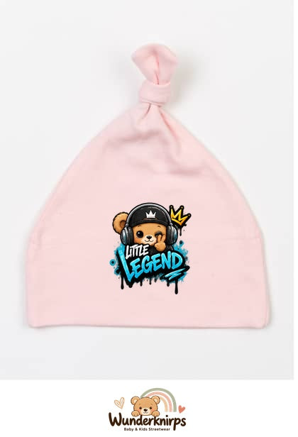 Knotenmütze Babybugz BZ15 in Pastellrosa mit Motiv Bär Little Legend