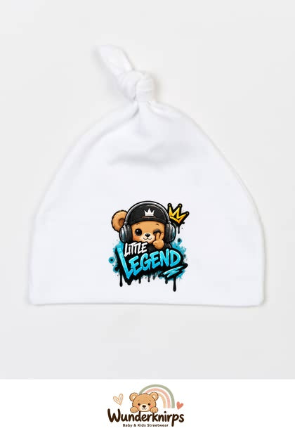 Knotenmütze Babybugz BZ15 in Weiß mit Motiv Bär Little Legend