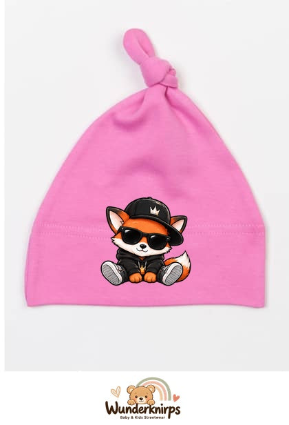 Knotenmütze Babybugz BZ15 in Bubblegum-Pink mit Motiv Fuchs im Streetwear-Look