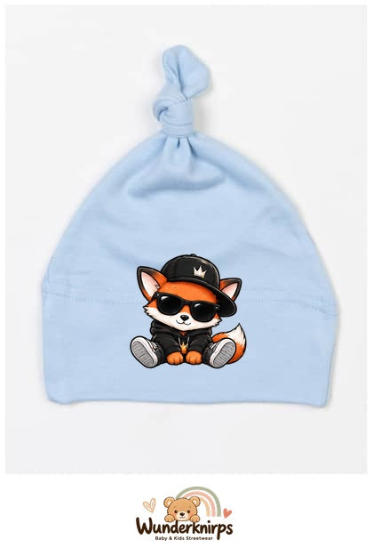 Knotenmütze Babybugz BZ15 in Staubblau mit Motiv Fuchs im Streetwear-Look