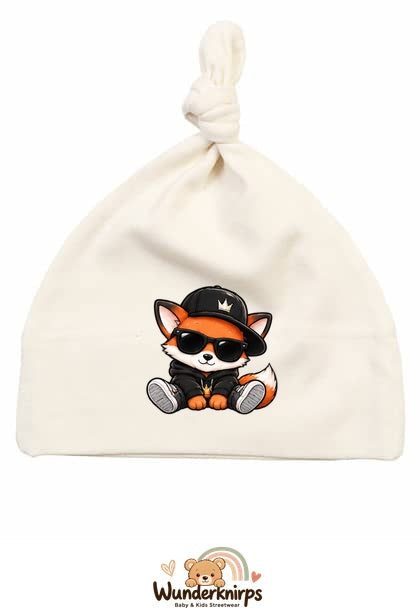 Knotenmütze Babybugz BZ15 in Natur mit Motiv Fuchs im Streetwear-Look