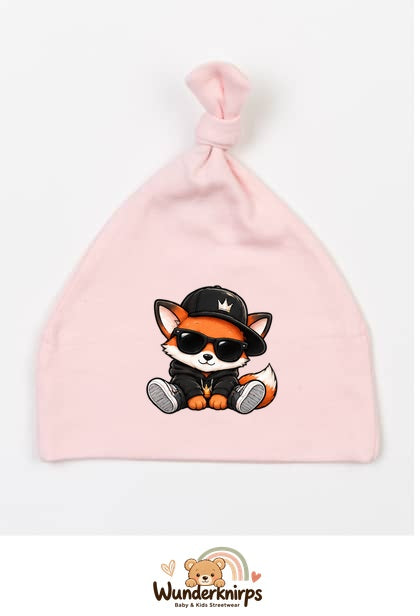 Knotenmütze Babybugz BZ15 in Pastellrosa mit Motiv Fuchs im Streetwear-Look