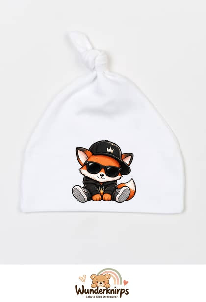 Knotenmütze Babybugz BZ15 in Weiß mit Motiv Fuchs im Streetwear-Look
