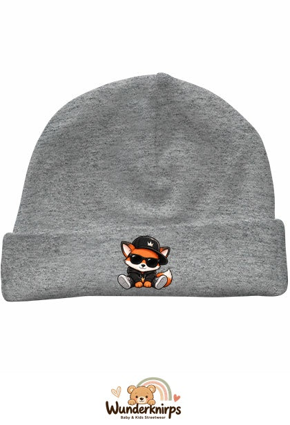 Umschlagmütze Rox-01 in Grau meliert mit Motiv Fuchs im Streetwear-Look