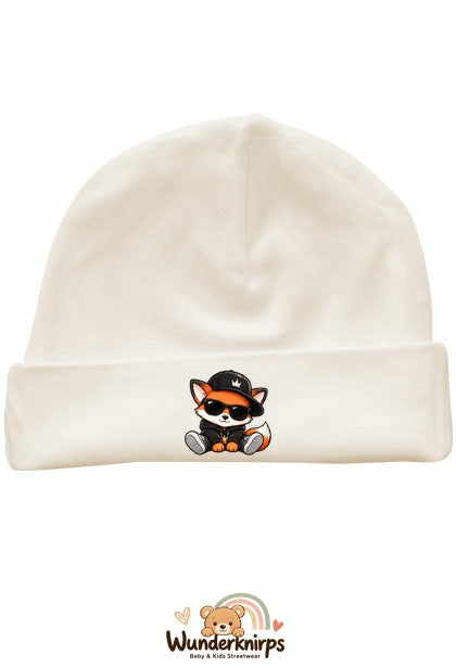Umschlagmütze Rox-01 in Natur mit Motiv Fuchs im Streetwear-Look
