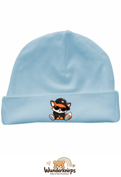 Umschlagmütze Rox-01 in Pastellblau mit Motiv Fuchs im Streetwear-Look