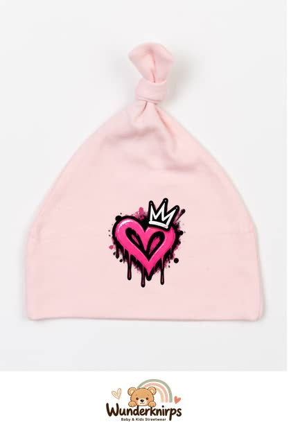 Knotenmütze Babybugz BZ15 in Pastellrosa mit Motiv Graffiti-Herz mit Krone