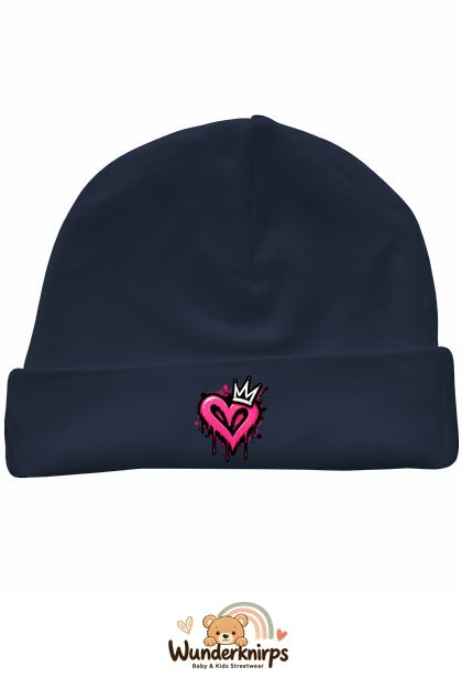 Umschlagmütze Rox-01 in Marineblau mit Motiv Graffiti-Herz mit Krone