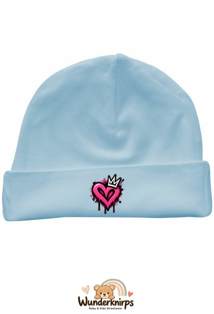 Umschlagmütze Rox-01 in Pastellblau mit Motiv Graffiti-Herz mit Krone