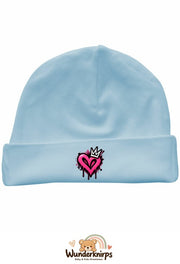 Umschlagmütze Rox-01 in Pastellblau mit Motiv Graffiti-Herz mit Krone