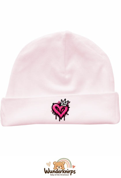Umschlagmütze Rox-01 in Pastellrosa mit Motiv Graffiti-Herz mit Krone