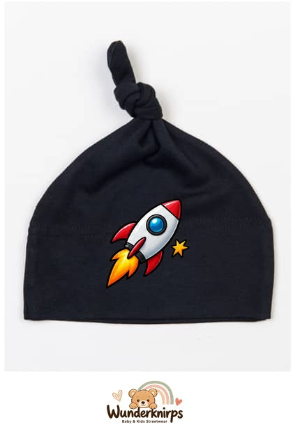 Knotenmütze Babybugz BZ15 in Schwarz mit Motiv Rakete mit Sternen