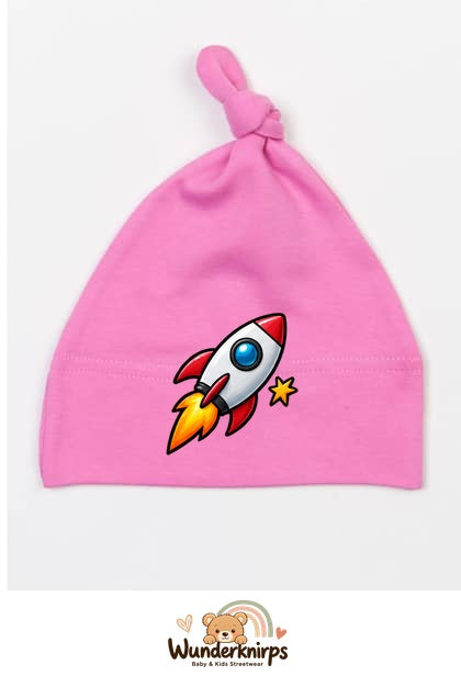 Knotenmütze Babybugz BZ15 in Bubblegum-Pink mit Motiv Rakete mit Sternen