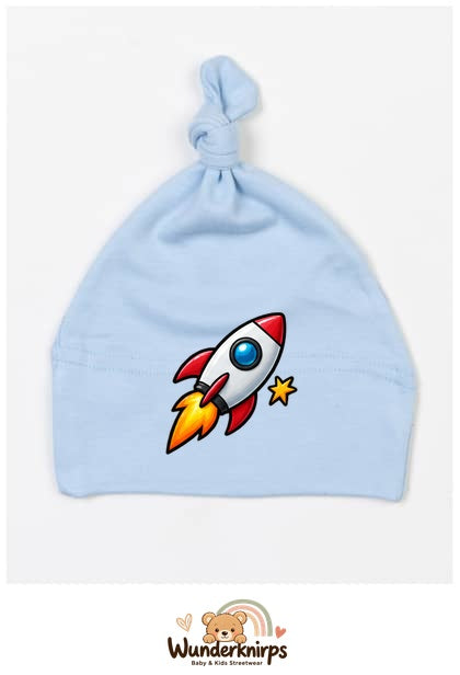 Knotenmütze Babybugz BZ15 in Staubblau mit Motiv Rakete mit Sternen