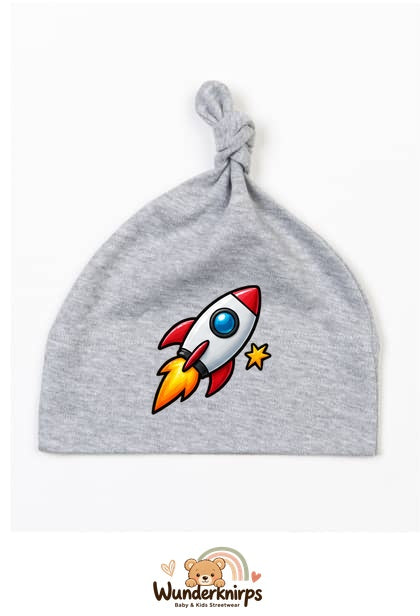 Knotenmütze Babybugz BZ15 in Grau meliert mit Motiv Rakete mit Sternen
