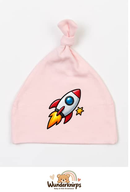 Knotenmütze Babybugz BZ15 in Pastellrosa mit Motiv Rakete mit Sternen