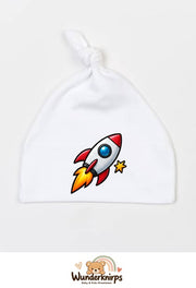 Knotenmütze Babybugz BZ15 in Weiß mit Motiv Rakete mit Sternen