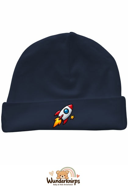 Umschlagmütze Rox-01 in Marineblau mit Motiv Rakete mit Sternen