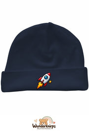 Umschlagmütze Rox-01 in Marineblau mit Motiv Rakete mit Sternen