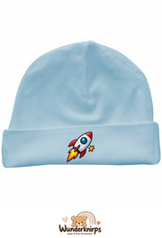 Umschlagmütze Rox-01 in Pastellblau mit Motiv Rakete mit Sternen