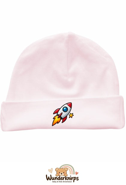 Umschlagmütze Rox-01 in Pastellrosa mit Motiv Rakete mit Sternen