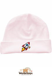 Umschlagmütze Rox-01 in Pastellrosa mit Motiv Rakete mit Sternen
