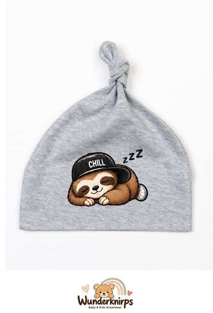 Knotenmütze Babybugz BZ15 in Grau meliert mit Motiv Faultier Chill