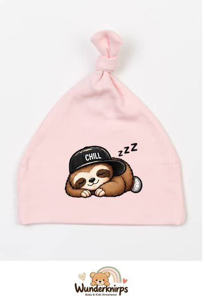 Knotenmütze Babybugz BZ15 in Pastellrosa mit Motiv Faultier Chill