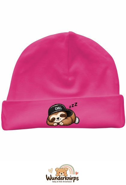 Umschlagmütze Rox-01 in Pink mit Motiv Faultier Chill