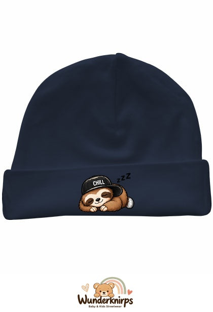 Umschlagmütze Rox-01 in Marineblau mit Motiv Faultier Chill