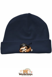 Umschlagmütze Rox-01 in Marineblau mit Motiv Faultier Chill