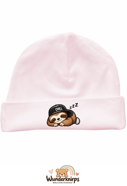 Umschlagmütze Rox-01 in Pastellrosa mit Motiv Faultier Chill