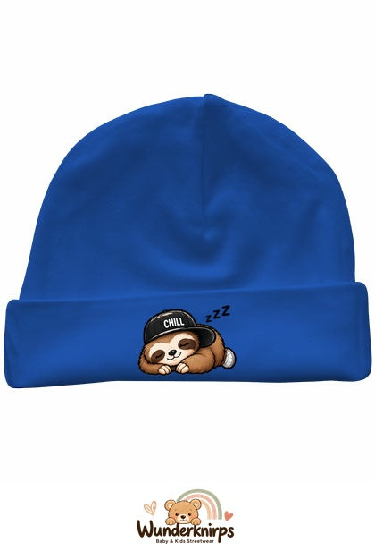 Umschlagmütze Rox-01 in Royalblau mit Motiv Faultier Chill