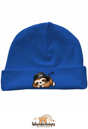 Umschlagmütze Rox-01 in Royalblau mit Motiv Faultier Chill