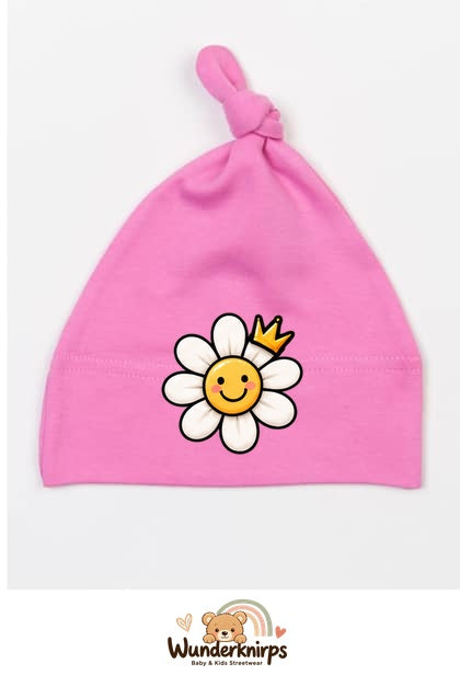 Knotenmütze Babybugz BZ15 in Bubblegum-Pink mit Motiv Blume mit Krone