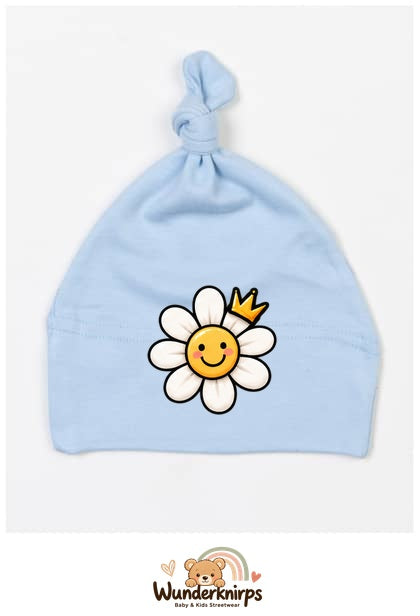 Knotenmütze Babybugz BZ15 in Staubblau mit Motiv Blume mit Krone